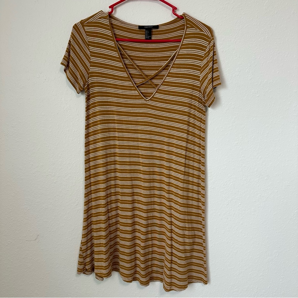 Women’s Mustard Yellow Striped V-Neck Dress Forever 21 Size Small